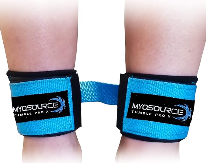 Myosource Kinetic Bands Tumble Pro X Ankle Straps Kit – Cheerleading Standing Tumbling Equipment, Gymnastics Backhandspring Trainer – Includes Flexibility Stunt Stretch Strap – Blue or Pink