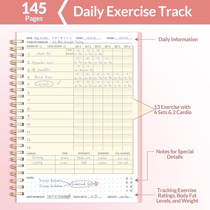 Fitness Journal Workout Planner for Men & Women, A5(6.4" x 8.3") Workout Journal Log Book Planner for Track Gym Essentials, Home Workouts, Track Progress, Achieve Goals, Pink