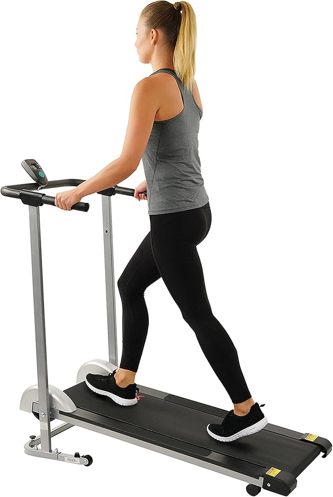 Sunny Health & Fitness Manual Walking Treadmill, Non-Electric, Foldable & Compact Design, Quiet Tread Pad, Transportation Wheels, Non-Slip Handlebars, Digital Monitor for Apartment, Gym, Home Office