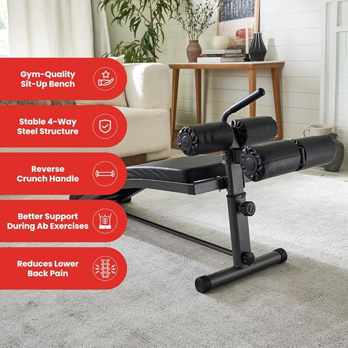 Finer Form Gym-Quality Sit Up Bench with Reverse Crunch Handle - Solid Ab Workout Equipment for Your Home Gym. More Effective than an Ab Machine or Ab Roller. Get Abdominal Gym Equipment Right in Your Home.