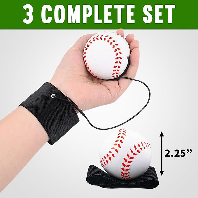 Reactive Sports Wrist Balls Baseballs - 3PK - Return Rebound Bouncy Wristband Balls w/Elastic Cord - Wrist Toy for Teens Adults Exercise or Play - Nice Gift Party Favor, Fun Outdoor Activity