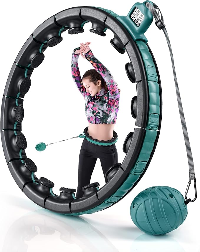 Teal Elite Smart Weighted Hula Hoop for Adults Weight Loss– Fully Adjustable with Detachable Knots – 2 in 1 Abdomen Fitness Massage Infinity Hoops