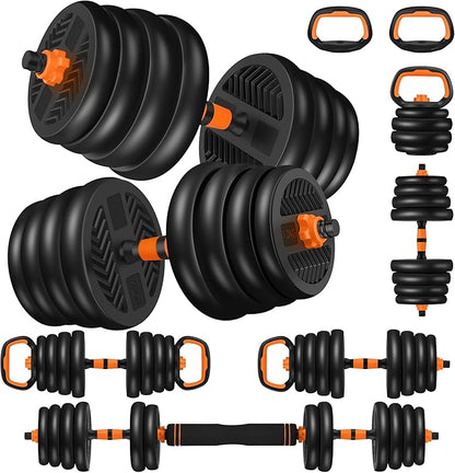 4 in 1 Adjustable Dumbbell Set with Connecting Rod Used as Barbell, Kettlebells, Push up Stand, Fitness Exercises for Home Gym, Orange