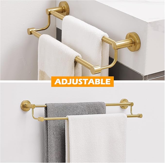 BESy Adjustable 16.5-28.5 Inches Double Bath Towel Bar for Bathroom SUS304 Stainless Steel Towel Holder, Hotel Style Wall Mount with Screws Hand Towel Bar，Towel Rack Rod Hanger, Brushed Gold Finish