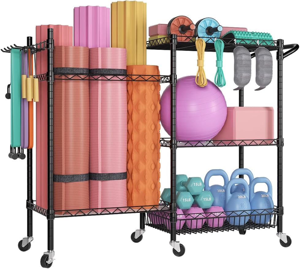 SINGAYE Dumbbell Rack, Balls Workout Equipment Storage Organizer Yoga Mat with Hooks basketball holder weight and Wheels for Organizing Workout Room, Home Gym Storage Black