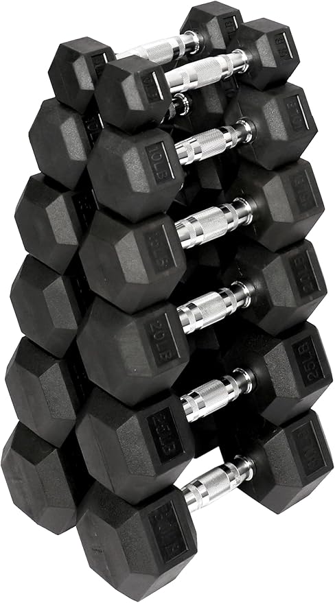 Signature Fitness Premium Rubber Coated Hex Dumbbell Weight Set, Multiple Packages