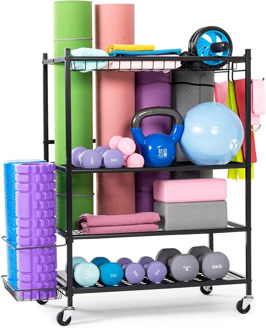 UMINEUX Yoga Mat Storage Racks, Home Gym Storage for Foam Roller, Dumbbells, Kettlebells, All in One Workout Equipment Storage Organizer with Hooks and Wheels