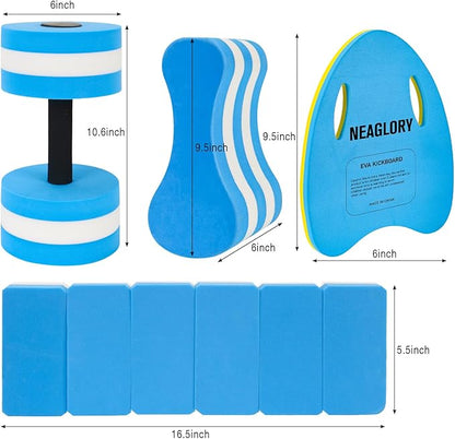 NEAGLORY 5 Pieces Water Aerobics Set Aquatic Exercise Set Pool Fitness Equipment Foam Water Dumbbell, Swim Kickboard, Pull Buoy, Aquatic Swim Belt for Water Exercise