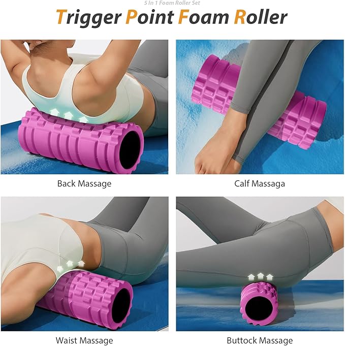 5 in 1 Foam Roller Set for Deep Tissue Muscle Massage, Trigger Point Fitness Patented Exercise Foam Roller, Massage Roller, Massage Ball, Stretching Strap, for Whole Body (Pink-Black)