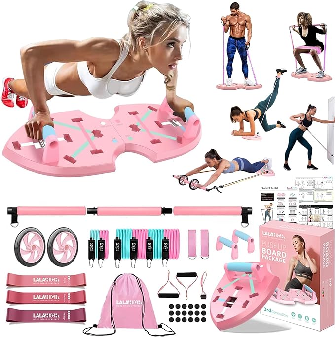 LALAHIGH Portable Home Gym System for Men and Women:Push Up Board, Pilates Bar & 20 Fitness Accessories with Resistance Bands and Ab Roller Wheel-Professional Strength Training Exercise