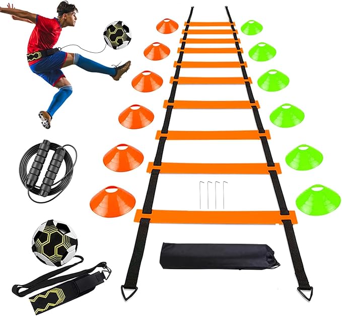 Soccer Agility Training Equipment Set, Soccer Accessories 20Ft Agility Ladder, 12 Cones, Solo Soccer Trainer, Jump Rope Speed Training Equipment Gifts for Boy