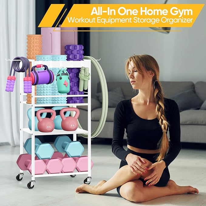 Home Gym Storage Rack, Heavy Duty Yoga Mat Holder Workout Equipment Storage Organizer Weight Rack with Hooks & Wheels for Dumbbells Kettlebells Dumbbell Yoga Block Foam Rollers Yoga Strap Resistance Bands, Fitness Exercise Equipment