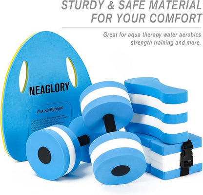 NEAGLORY 5 Pieces Water Aerobics Set Aquatic Exercise Set Pool Fitness Equipment Foam Water Dumbbell, Swim Kickboard, Pull Buoy, Aquatic Swim Belt for Water Exercise