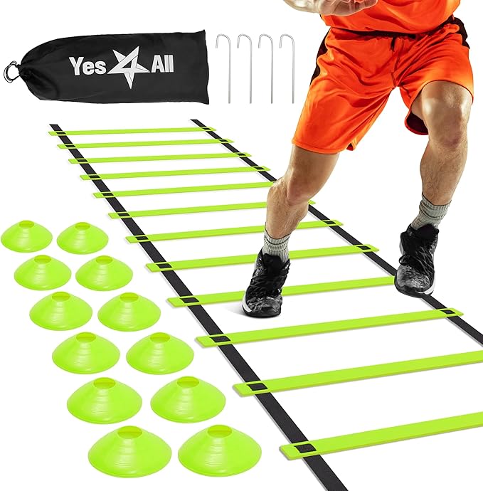 Yes4All Speed Training Equipment Set: 15ft Agility Ladder 5 Agility 12 Disc