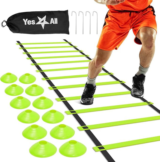 Yes4All Speed Training Equipment Set: 15ft Agility Ladder, Resistance Parachute, 5 Agility Hurdles, 12 Disc Cones with Carry Bag/Strap