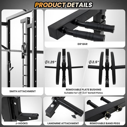 Power Cage with SmithBar, 2000 Lbs Power Rack with Cable Cross-Over System, Multi-Functional Strength Training Squat Rack with LAT Pull Down System, Weight Cage Home Gym Equipment