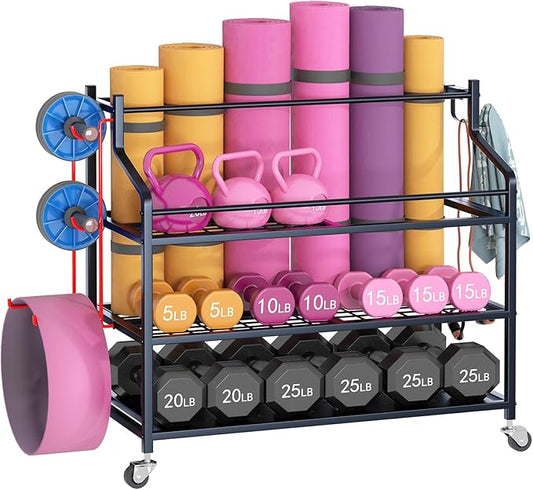 VILAWLENCE Yoga Mat Storage Rack Cart,Home Gym Multifunctional Removable Rack for Dumbbells Kettlebells Rope,Large Capacity Organizer Storage Cart for Home Exercise Equipment