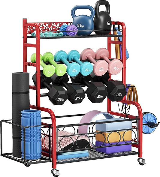 Weight Rack for Dumbbells, Dumbbell Rack Weight Stand, VOPEAK Home Gym Storage Rack for Yoga Mat Kettlebells and Strength Training Equipment, Weight Storage Holder Rack for Dumbbells with Wheels