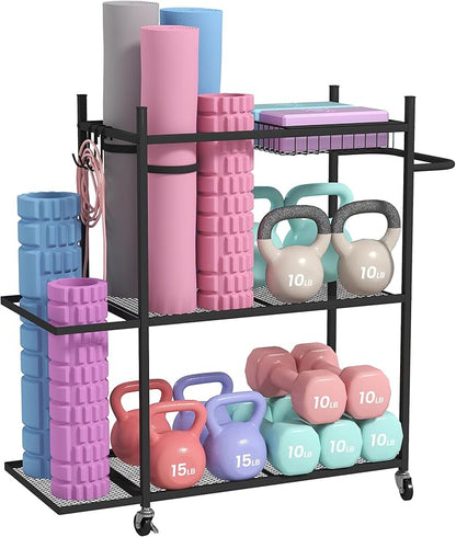 Hadulcet Dumbbell Rack, Heavy Duty Weight Rack for Dumbbells, Yoga Mat Storage Racks, Home Gym Storage Rack for Yoga Mat, Kettlebell & Balls, Adjustable Width Exercise Equipment with Lockable Wheels