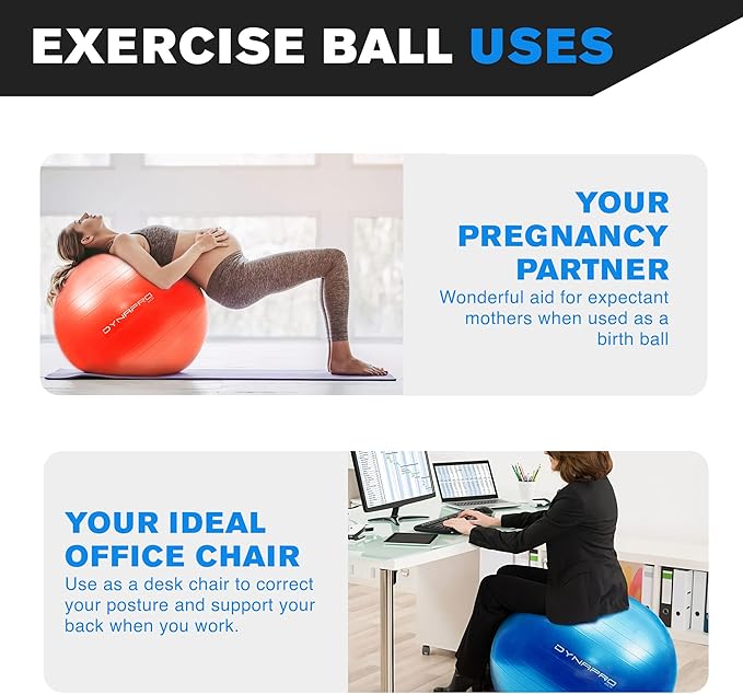 Exercise Ball – Extra Thick Eco-Friendly & Anti-Burst Material Supports over 2200lbs, Stability Ball for Home, Yoga, Gym Ball, Birthing Ball, Physio Ball, Swiss Ball, Physical Therapy or Pregnancy