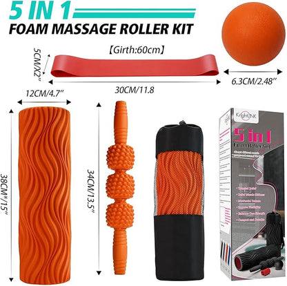 5 in 1 Foam Roller Set Muscle Massage Foam Ripple Roller for Deep Tissue Massage of The Back and Leg Muscles, Relieves Muscle Pain & Tightness, Improves Mobility (Orange)