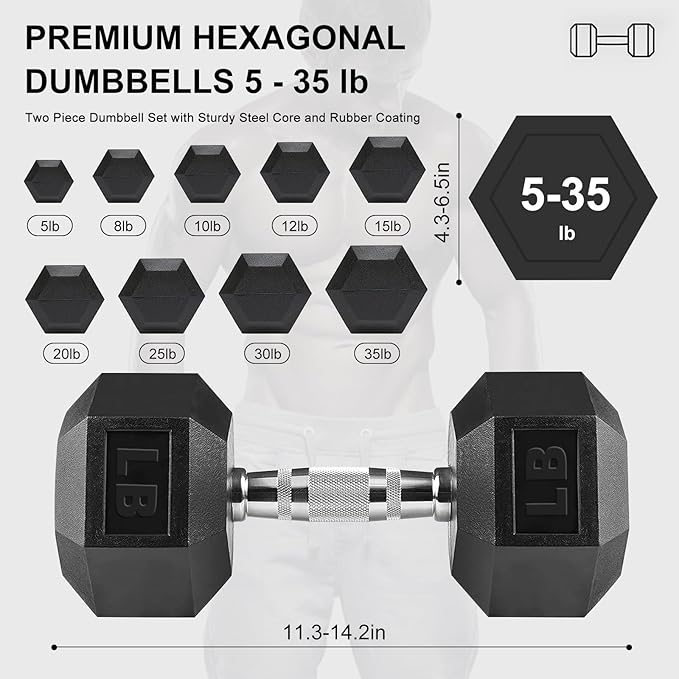 Hex Dumbbell with Metal Handle Set of 2 Rubber Exercise Heavy Muscle Workout Dumbbells Weights Pairs Hand Weight Sets for Men Women Home Gym Full Body Strength Training 8/10/ 12/15/ 20/25/ 30/ 35LB