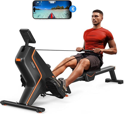 Magnetic Rowing Machines for Home, Compact and Saves Space - Vertical/Folding Storage, 350 LB Weight Capacity with Bluetooth App Supported, Tablet Holder and Comfortable Seat Cushion