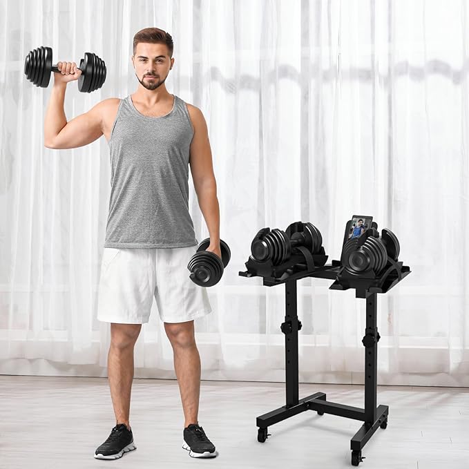 Uboway Adjustable Dumbbell Stand, Hand Weight Rack 4 Level Adjustment for Dumbbells with Tablet Holder, Dumbbell Rack with Durable Casters for Adjustable Dumbbell Set, More Safety and Convenience