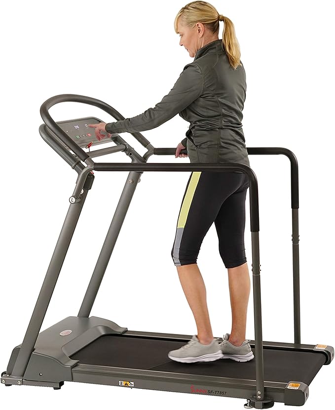 Sunny Health & Fitness Walking Treadmill with Low Wide Deck and Multi-Grip Handrails for Balance, 295 LB Max Weight - SF-T7857, Gray