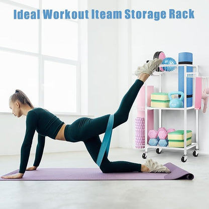 LIANTRAL Dumbbell Rack, Yoga Mat Storage Rack, Workout Equipment Storage Rack for Dumbbells Kettlebells Yoga Mat and Balls, Home Gym Storage Organizer with Hooks and Wheels