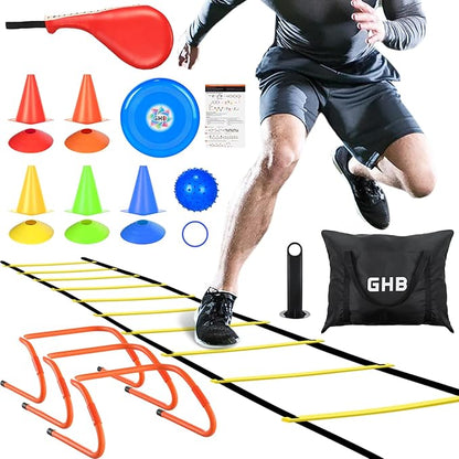 GHB Agility Ladder, Football Agility Training Equipment Set, 3 Agility Hurdles, 20 feet 12 Rungs Speed Ladder 5 Discs 5 Cones Target pad Bounce Balls ect for Football Basketball Workout Training