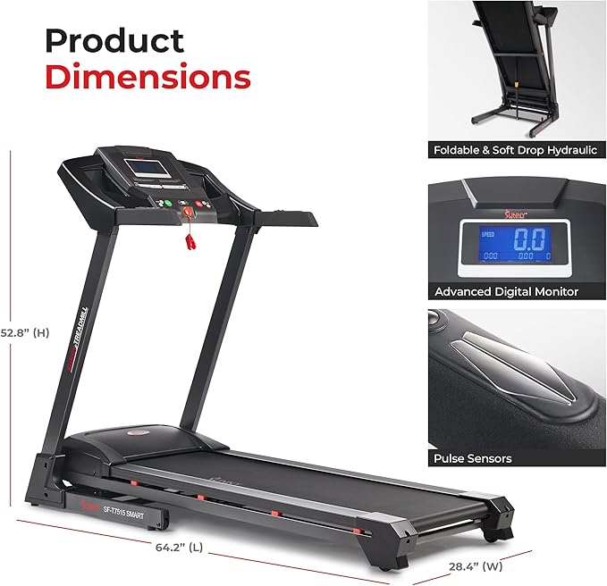 Sunny Health & Fitness Premium Treadmill with Auto Incline, Dedicated Speed Buttons, Double Deck Technology, Digital Performance Display, BMI Calculator & Pulse Sensors with Optional SunnyFit App