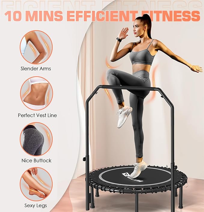 BCAN 450/550 LBS Foldable Mini Trampoline, 40"/48" Fitness Trampoline with Bungees, U Shape Adjustable Foam Handle, Stable & Quiet Exercise Rebounder for Adults Indoor/Outdoor Workout