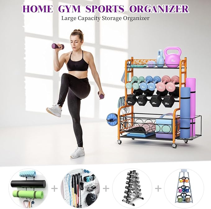 Weight Rack for Dumbbells, Dumbbell Rack Weight Stand, VOPEAK Home Gym Storage Rack for Yoga Mat Kettlebells and Strength Training Equipment, Weight Storage Holder Rack for Dumbbells with Wheels