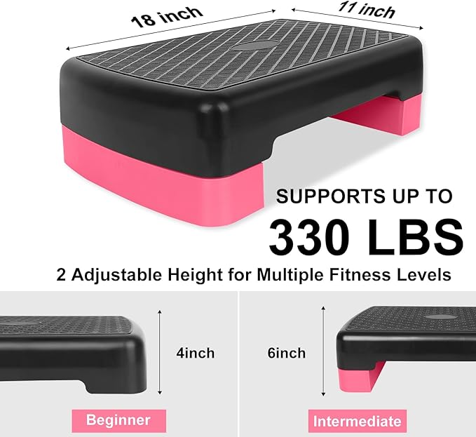 Height-Adjustable 4"-6" Step Aerobics Platform Fitness Equipment Stepper Trainer Exercise Step Platform with 2 Riser