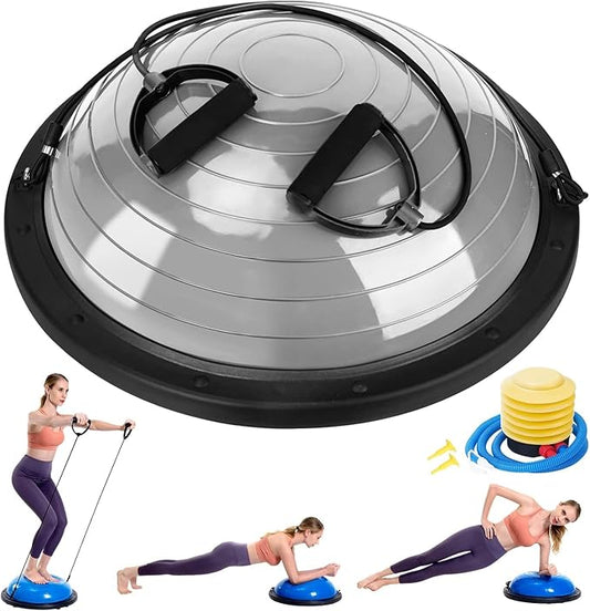 Half Balance Ball Trainer, Half Yoga Exercise Ball with Resistance Bands and Foot Pump, Balance Trainer for Stability Training, Strength Exercise Fitness, Home Gym Workout Equipment