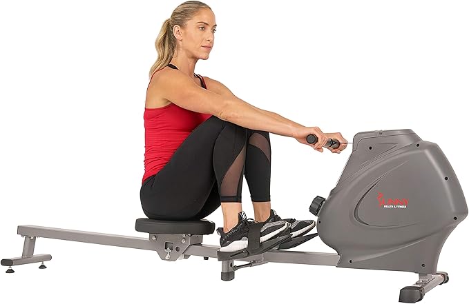 Sunny Health & Fitness Compact Folding Magnetic Rowing Machine with 43 Inch Slide Rail, 285 LB Max Weight, Synergy Power Motion, LCD Digital Monitor, Super Quiet & Smooth, and Ergonomic Foot Pedals