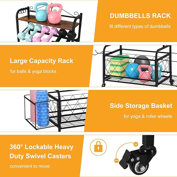 ETELI Home Gym Storage Rack Weight Holder Rack for Dumbbells Garage Sports Equipment Organizer for Yoga Mat Kettlebells and Strength Training Fitness Equipment with Hooks, Wheels