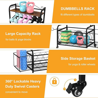 ETELI Home Gym Storage Rack Weight Holder Rack for Dumbbells Garage Sports Equipment Organizer for Yoga Mat Kettlebells and Strength Training Fitness Equipment with Hooks, Wheels