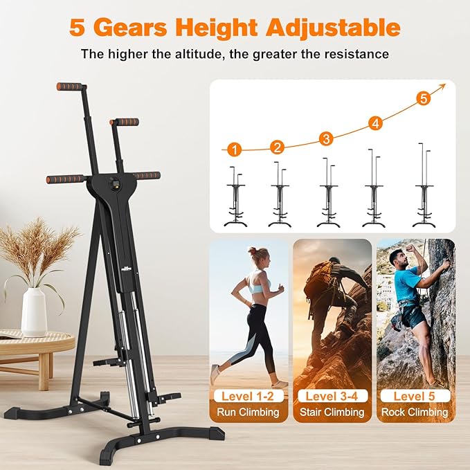 Vertical Climber Exercise Machine for Home Gym with 4 Metal Guide Rails Folding Exercise Climber Cardio Workout Machine 5-Level Heights Stair Stepper Newer Version, Easy to Assemble