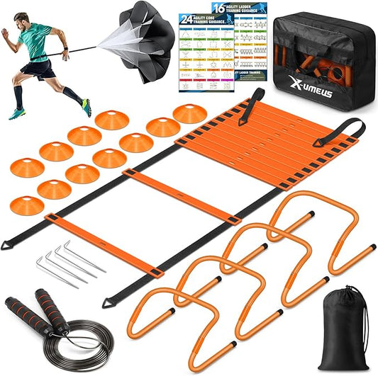 Agility Ladder Speed Training Equipment Set-20ft Agility Ladder,12 Soccer Cones,4 Hurdles, Jump Rope, Running Parachute| Basketball Football Soccer Training Equipment for Kids Youth Adults