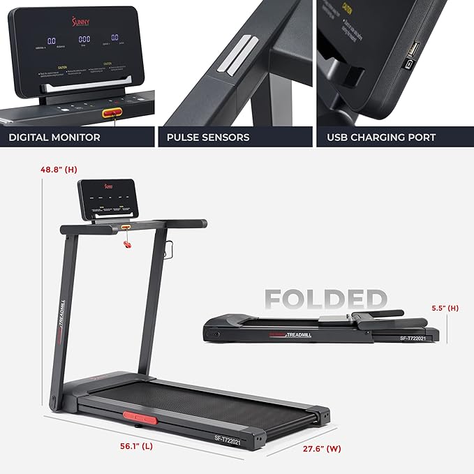 Sunny Health & Fitness Interactive Slim Folding Treadmill with Advanced Brushless Technology, Enhanced Stabilization, Exclusive SunnyFit App Bluetooth Connectivity, Optional 12-Level Auto Incline