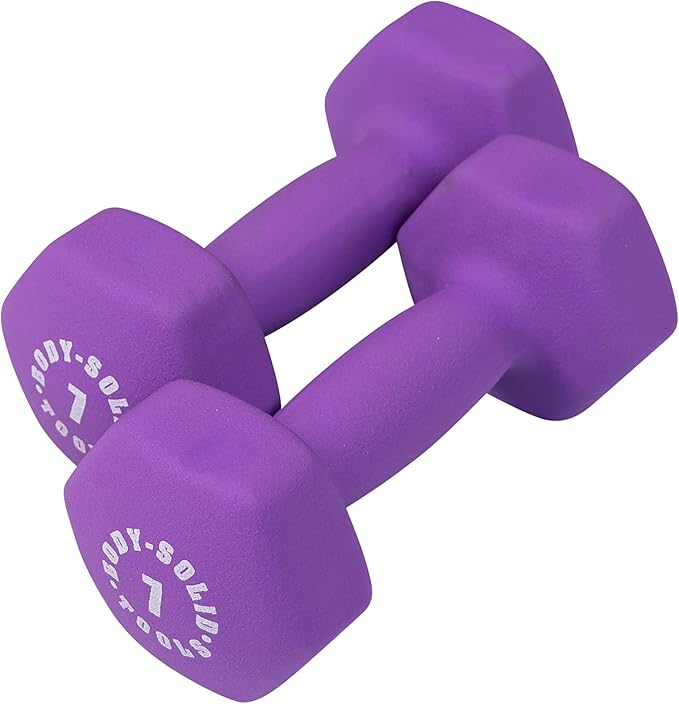 Body-Solid Tools (BSTND7PR) Neoprene Dumbbell for Weight and Aerobic Training, Pilates & Physical Therapy, Hand Weights Set for Women, Free Weights Hex End Dumbbells, Purple, 7lbs. Pair