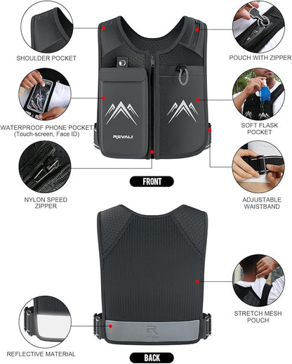 REVALI Running Vest, USA Original Patent, Zip Reflective Running Vests with 500ml Hydration Bottle, Adjustable Waistband & Breathable Material, Chest Pack Gear Phone Holder for Running, Men & Women