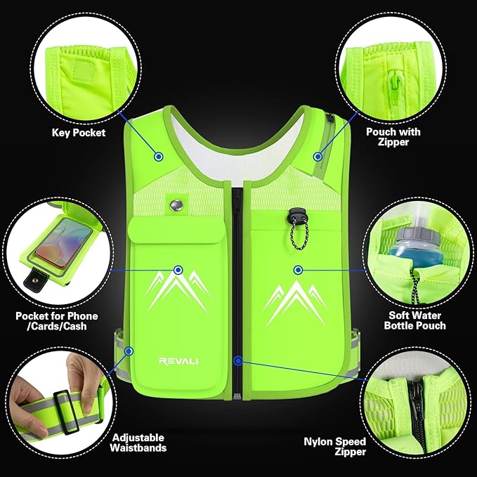 REVALI Running Vest, USA Original Patent, Zip Reflective Running Vests with 500ml Hydration Bottle, Adjustable Waistband & Breathable Material, Chest Pack Gear Phone Holder for Running, Men & Women