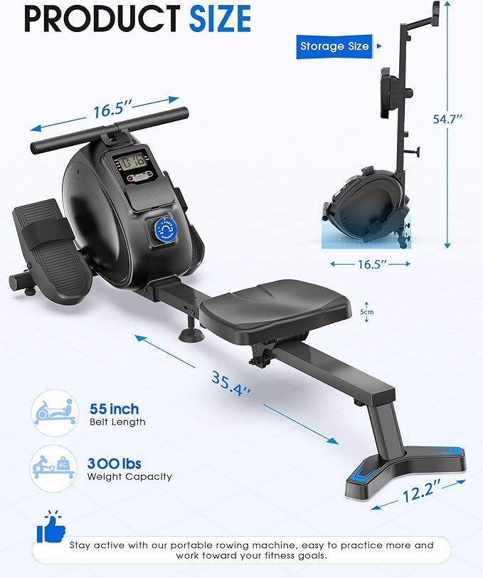 Rowing Machine, Magnetic Rowing Machine for Home, Low-Impact, Compact Upright Storage Rower for Small Space, Portable 34LBS Easy to Move, 300lbs Weight Capacity, Works with Kinomap