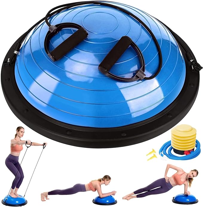 Half Balance Ball Trainer, Half Yoga Exercise Ball with Resistance Bands and Foot Pump, Balance Trainer for Stability Training, Strength Exercise Fitness, Home Gym Workout Equipment