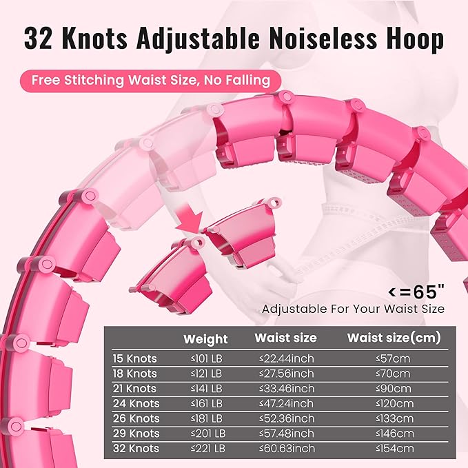 65inch 32 Knots Plus Size Quiet Weighted Hula Infinity Fitness Detachable Hoops, Smart Noiseless Infinity Hula for Women, 2 in 1 Waist and Abdominal Workout Equipment at Home