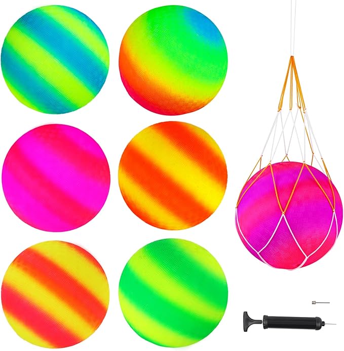 Hooqict 6 Pack 8.5 Inch Playground Balls with Hand Pump and 6 Portable Ball Net Bags Inflatable Rainbow Sports Balls for Kids Toddlers Kickballs Dodgeball Handballs Recess Balls Indoor Outdoor Games