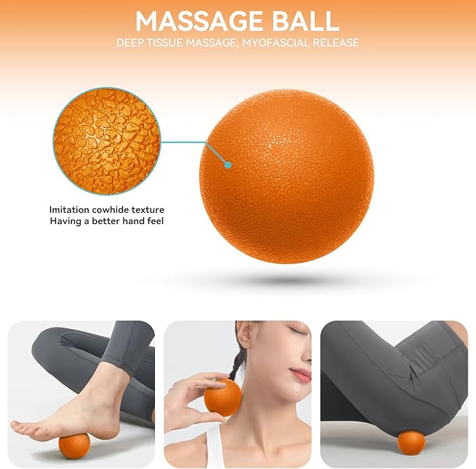 5 in 1 Foam Roller Set for Deep Tissue Muscle Massage, Trigger Point Fitness Exercise Foam Roller, Massage Roller, Massage Ball, Stretching Strap, for Whole Body (Orange Black)